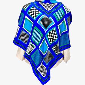 Karl Langerfield Paris scarf 100% silk satin, 34" Blue black green Geometric(65
